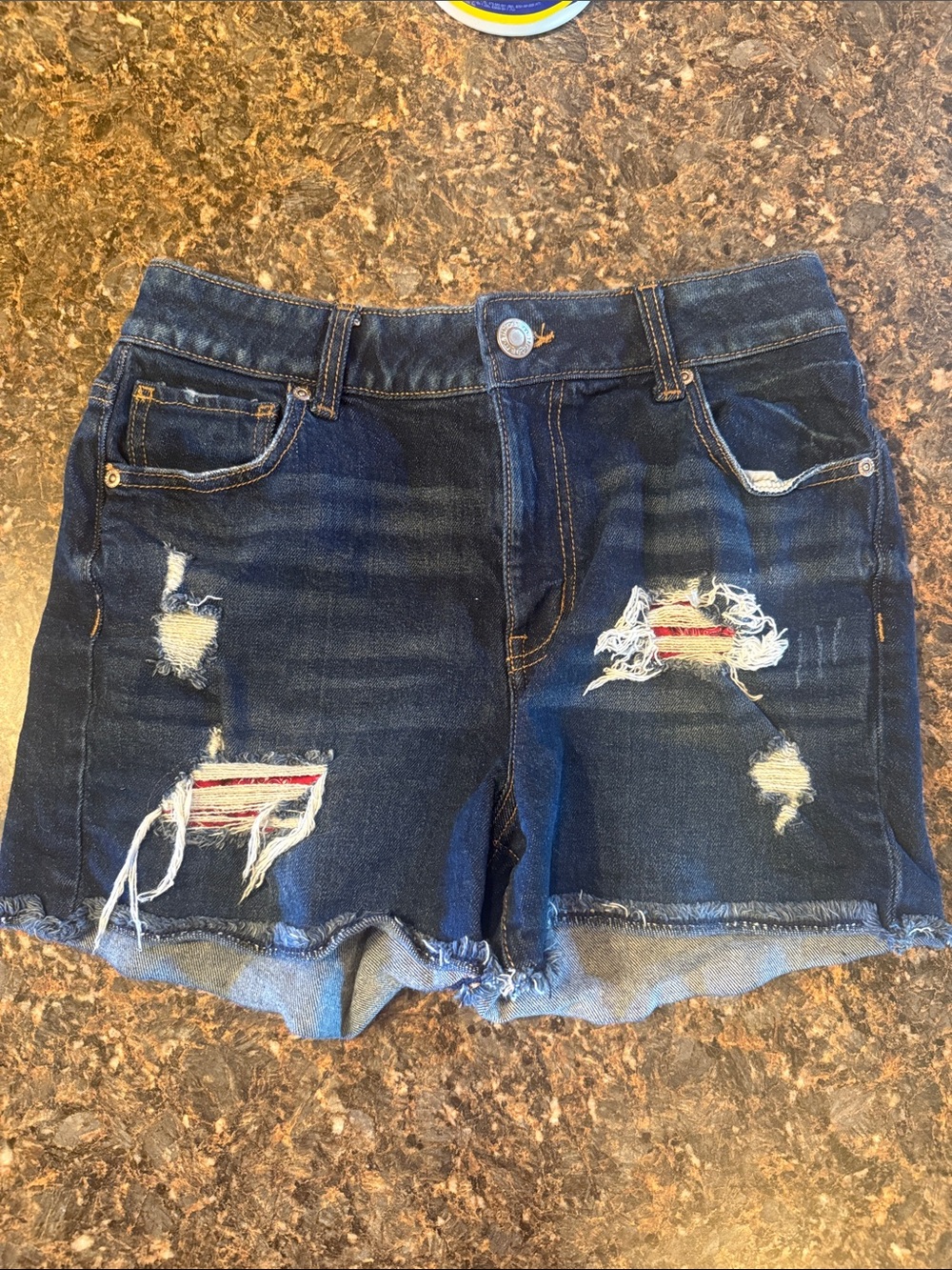 Maurice’s Dark Blue Distressed Denim Shorts with Fringe Hem